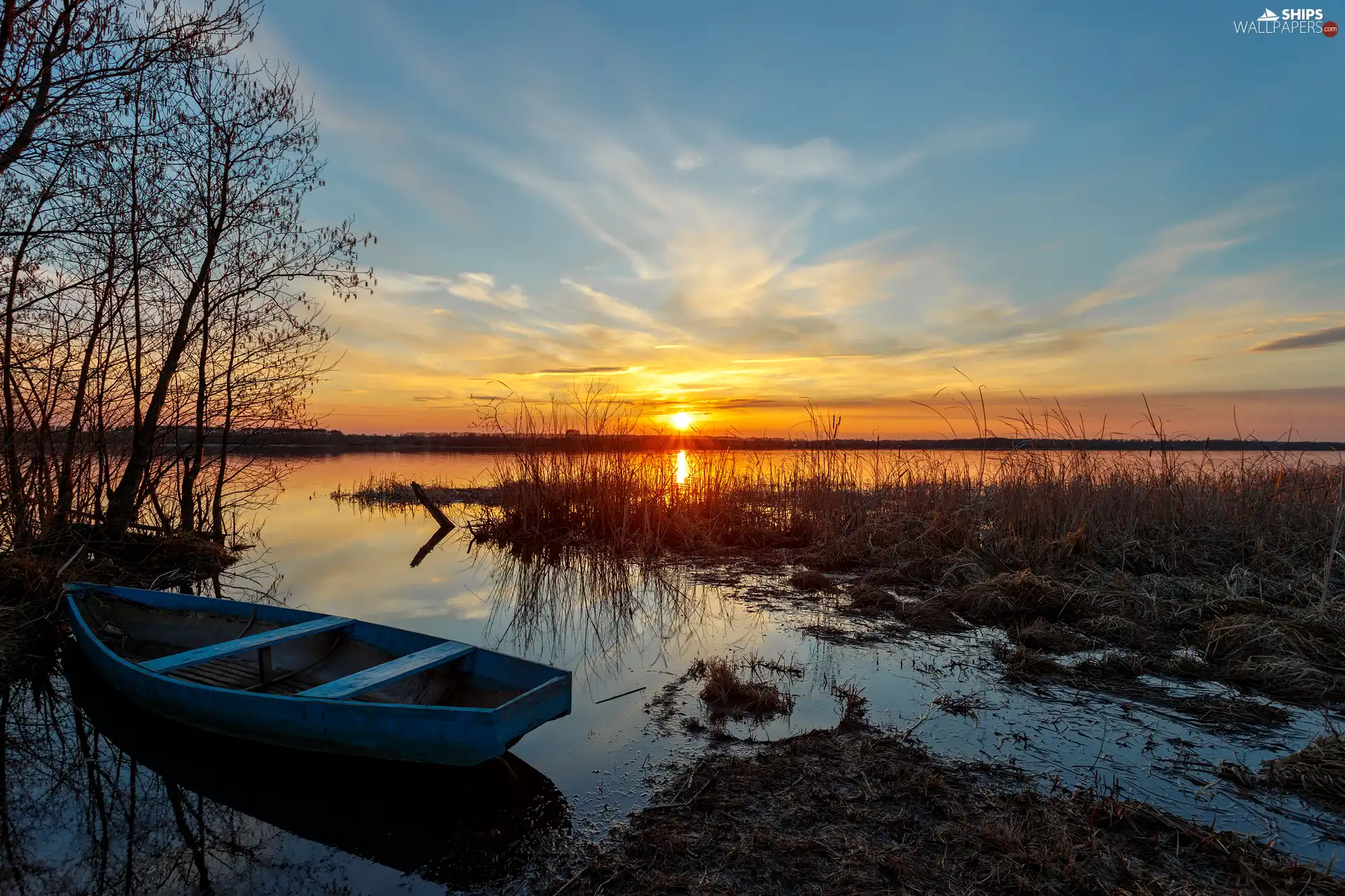 viewes, Great Sunsets, Boat, trees, lake