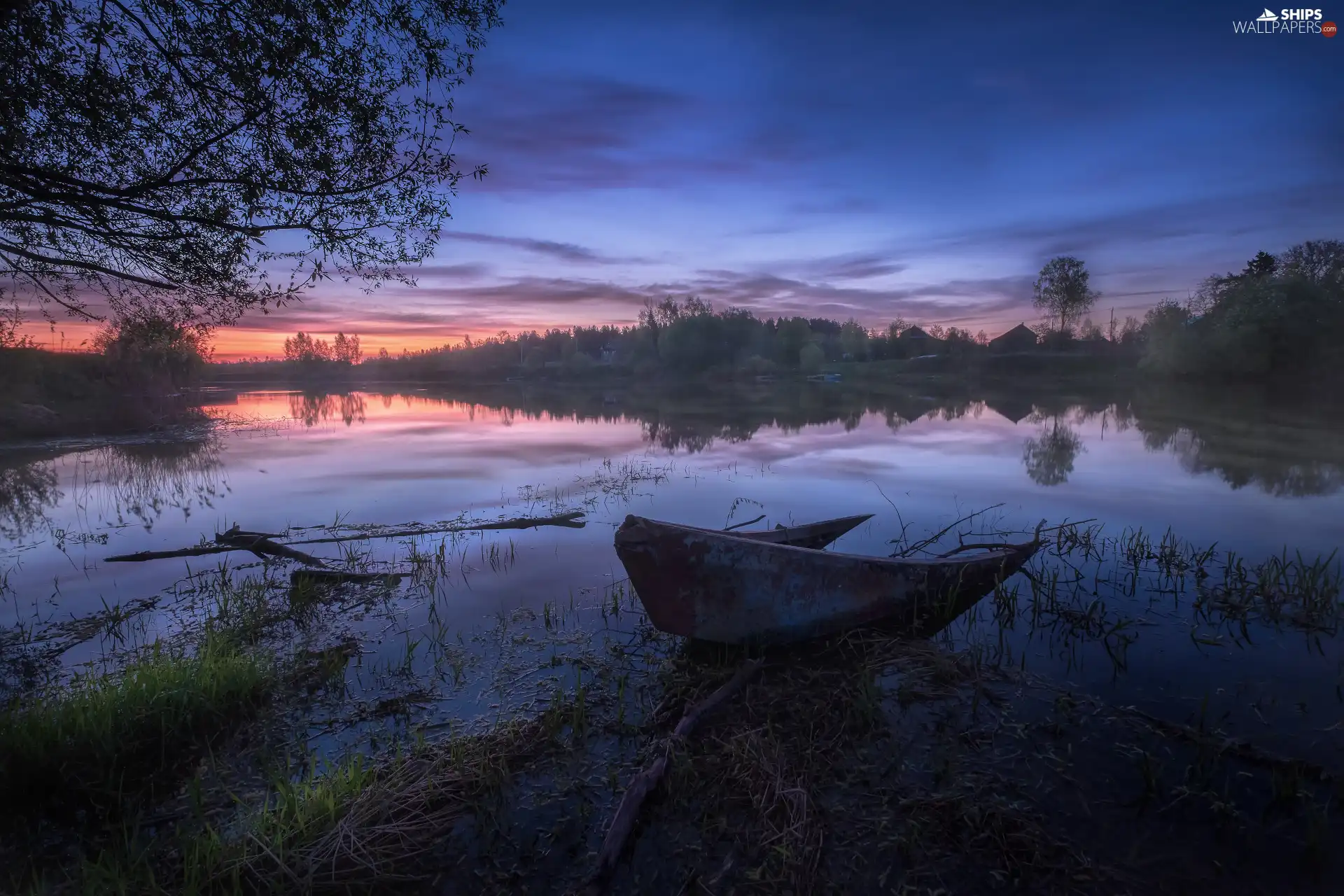 Boat, Dubna River, evening, Sky, Latgale, Latvia, trees, viewes, clouds
