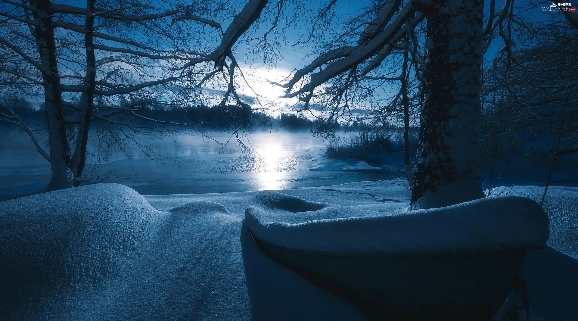 dawn, snow, viewes, snowy, trees, lake, winter, Boat