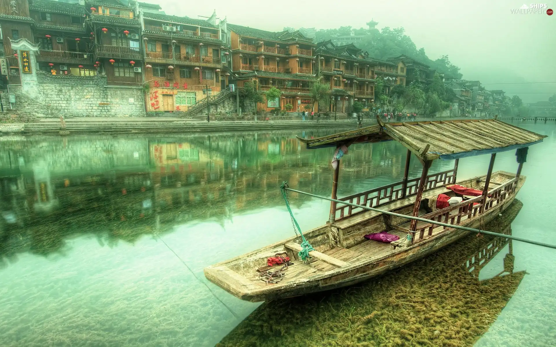 buildings, River, Boat