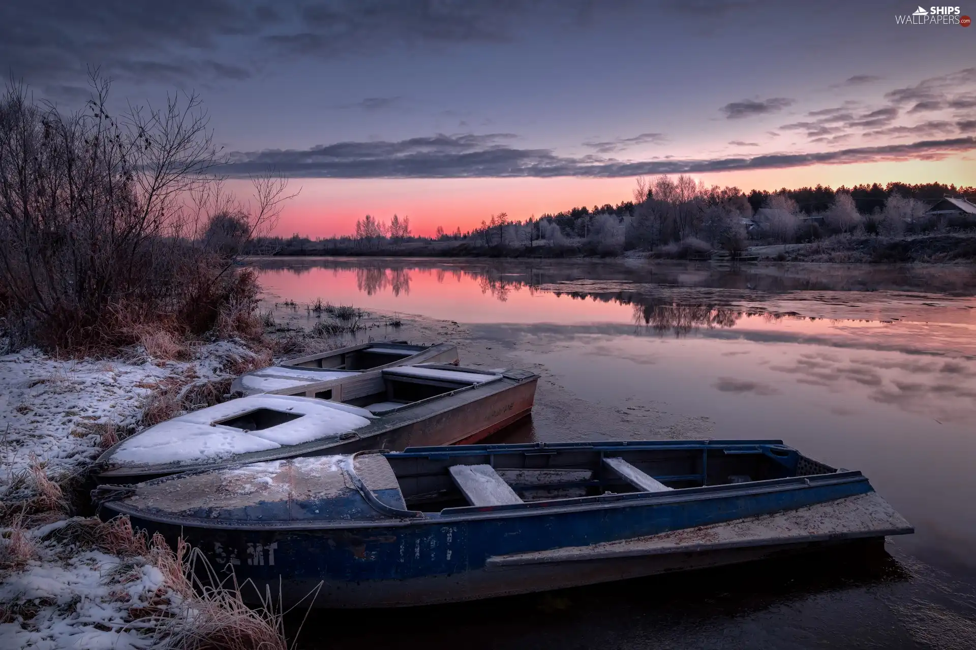 winter, boats, viewes, Latgale, coast, Dubna River, trees, Latvia, country, Great Sunsets