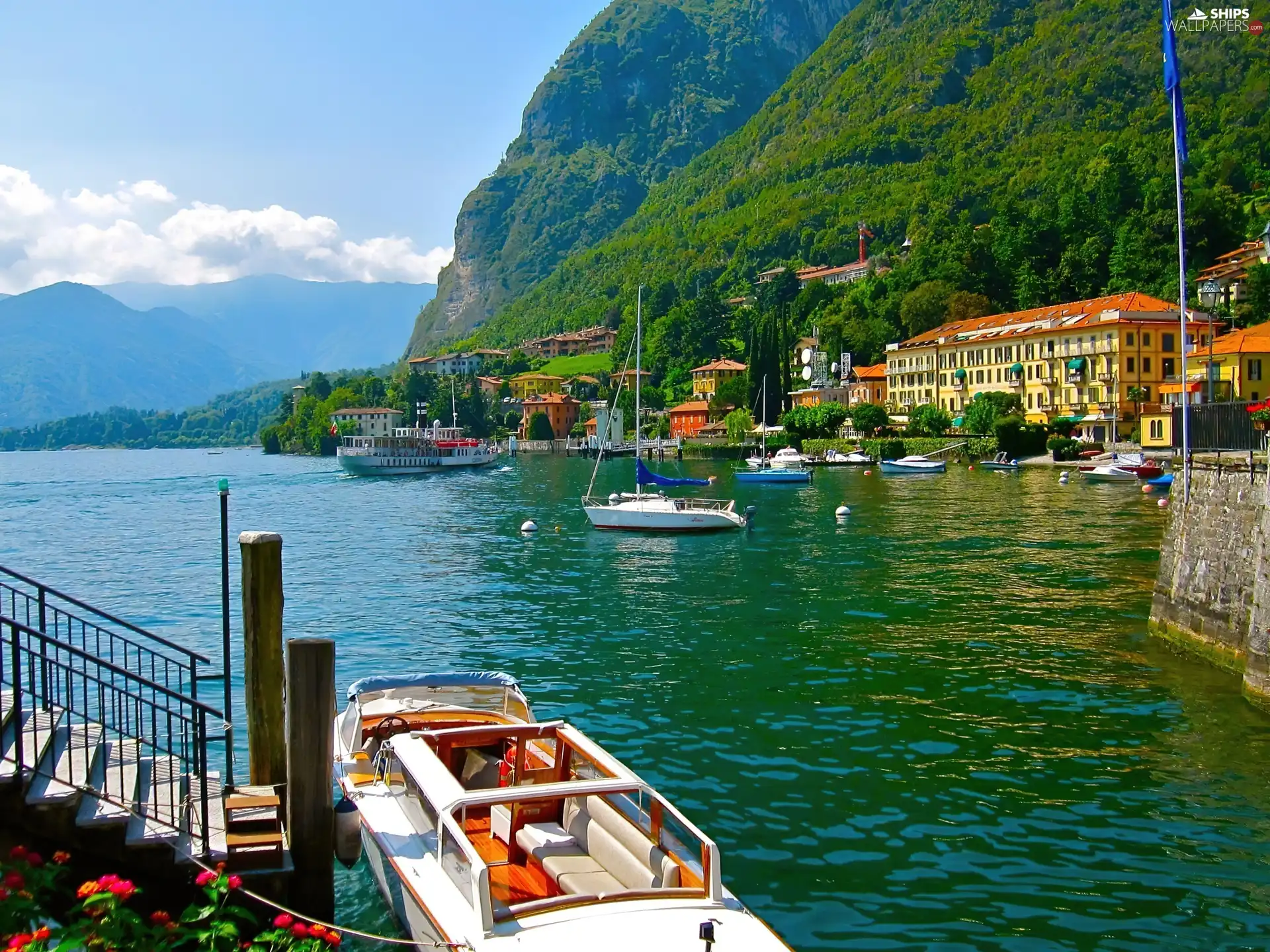 Mountains, boats, Houses, River
