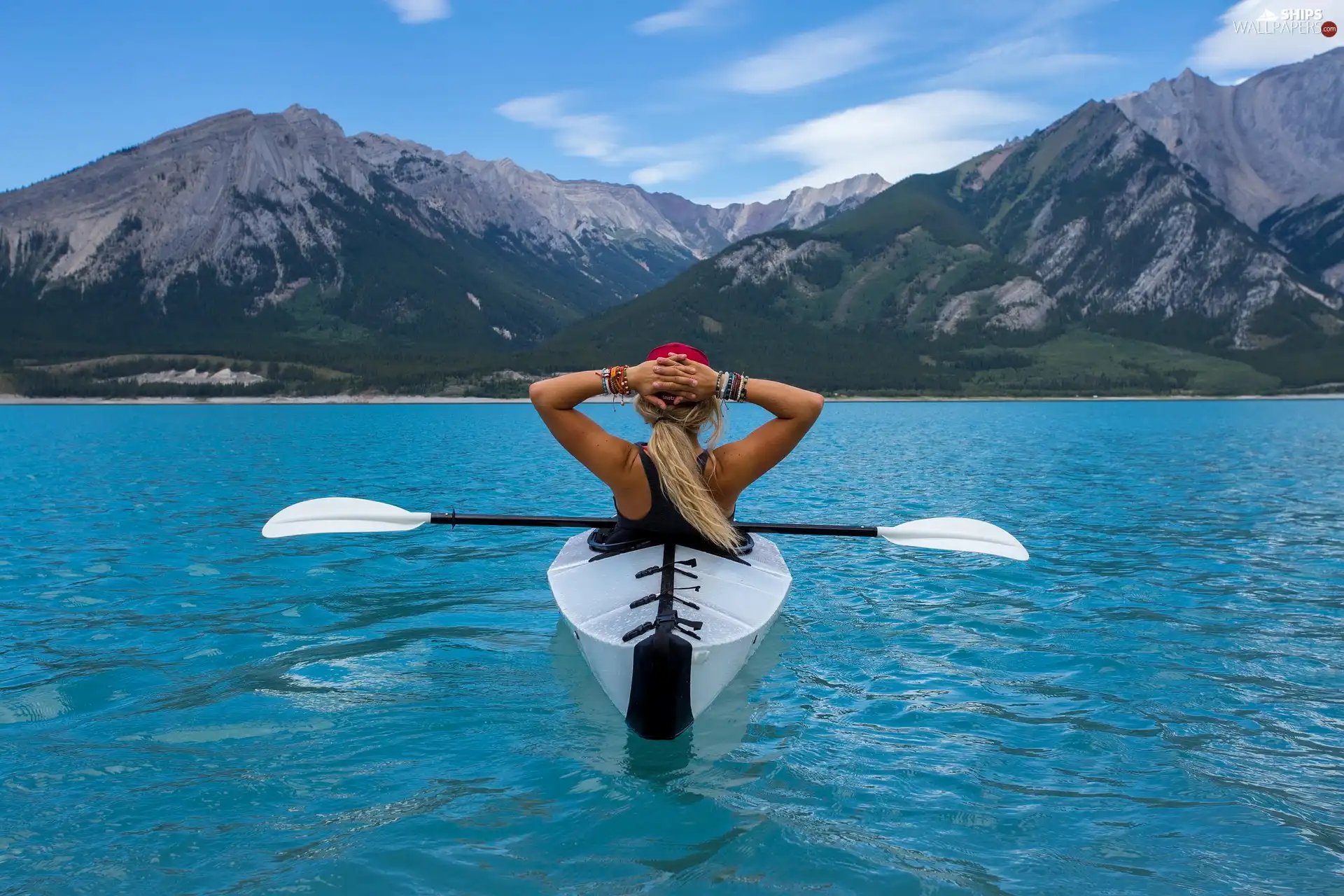 Women, lake, Mountains, Kayak