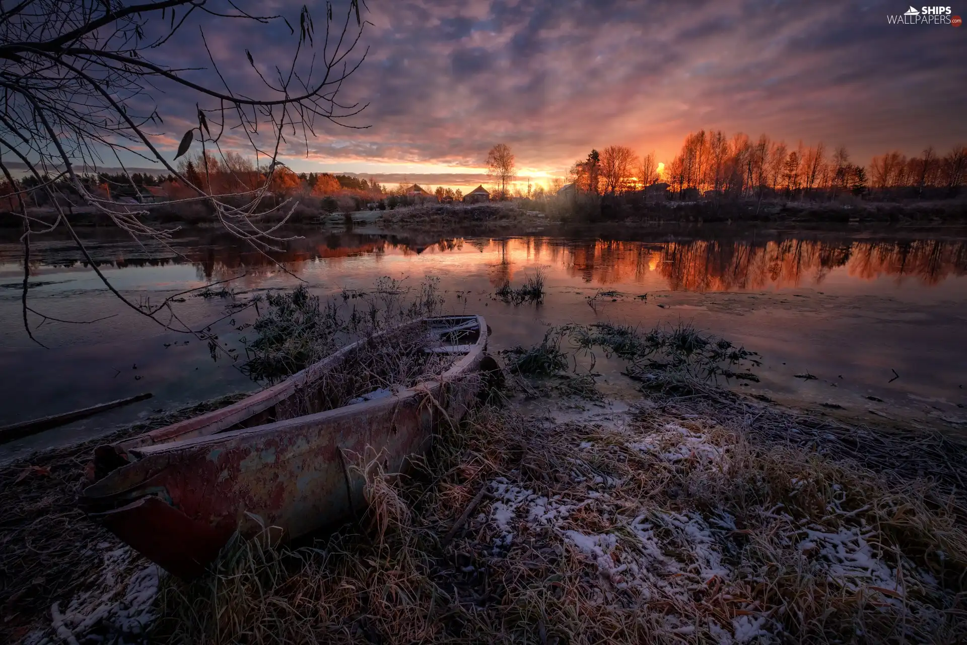 Boat, Dubna River, Great Sunsets, winter, Latgale, Latvia, trees, viewes, Houses