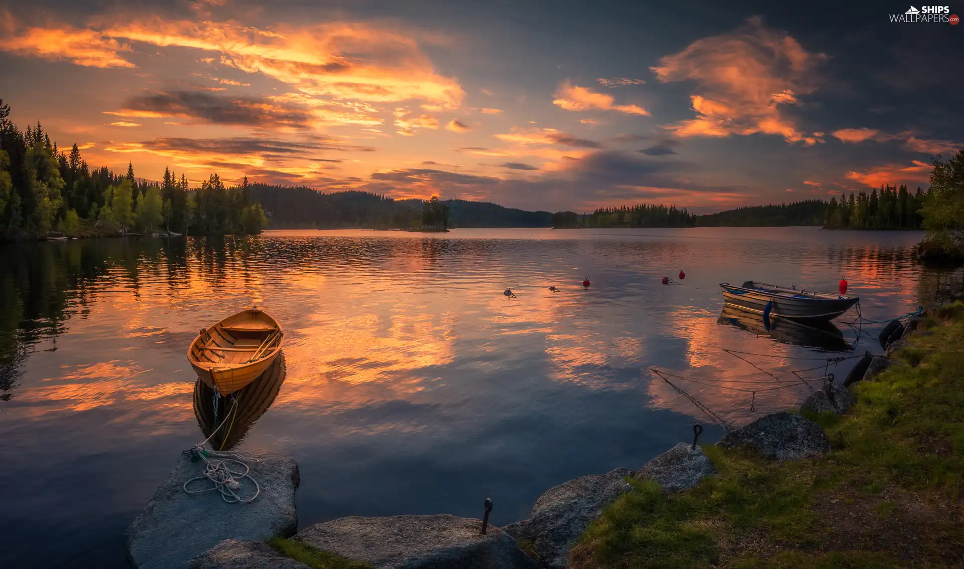 Ringerike, Norway, lake, boats, clouds, Great Sunsets, trees, viewes, coast