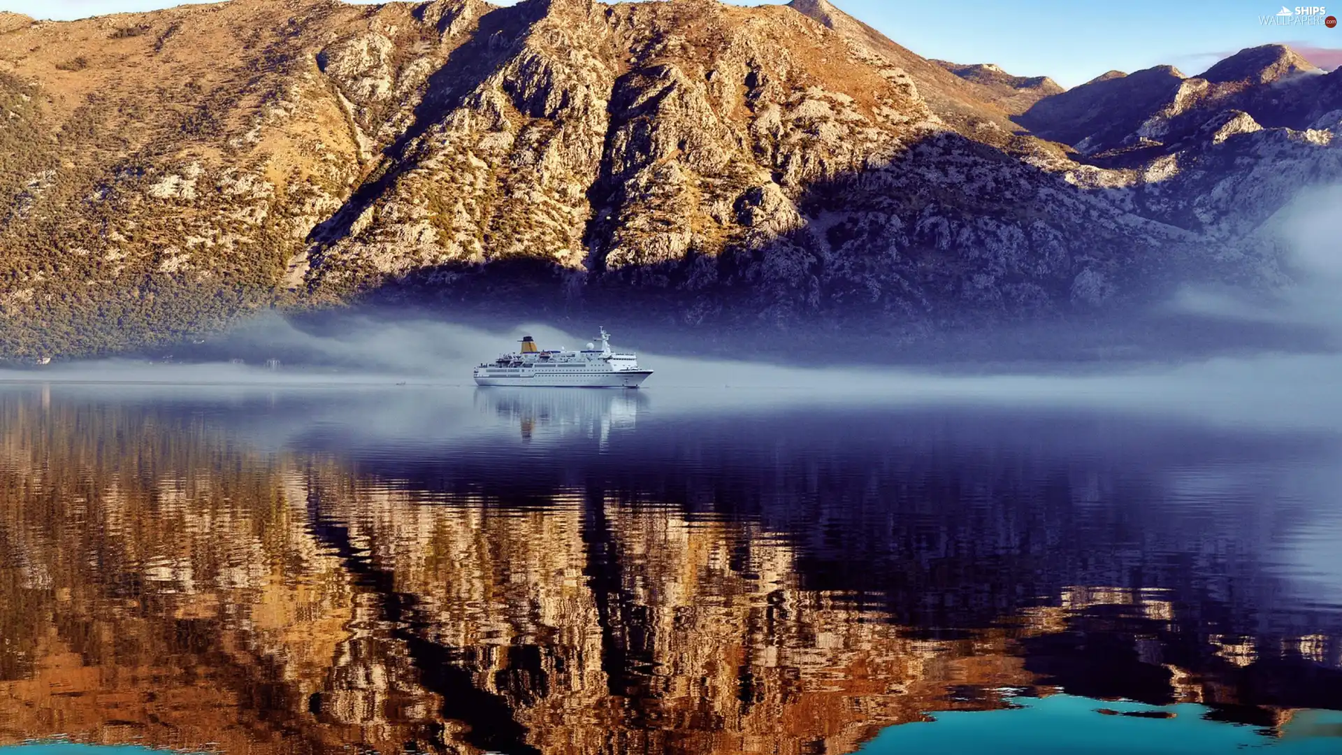 Ship, passenger, River, Fog, Mountains