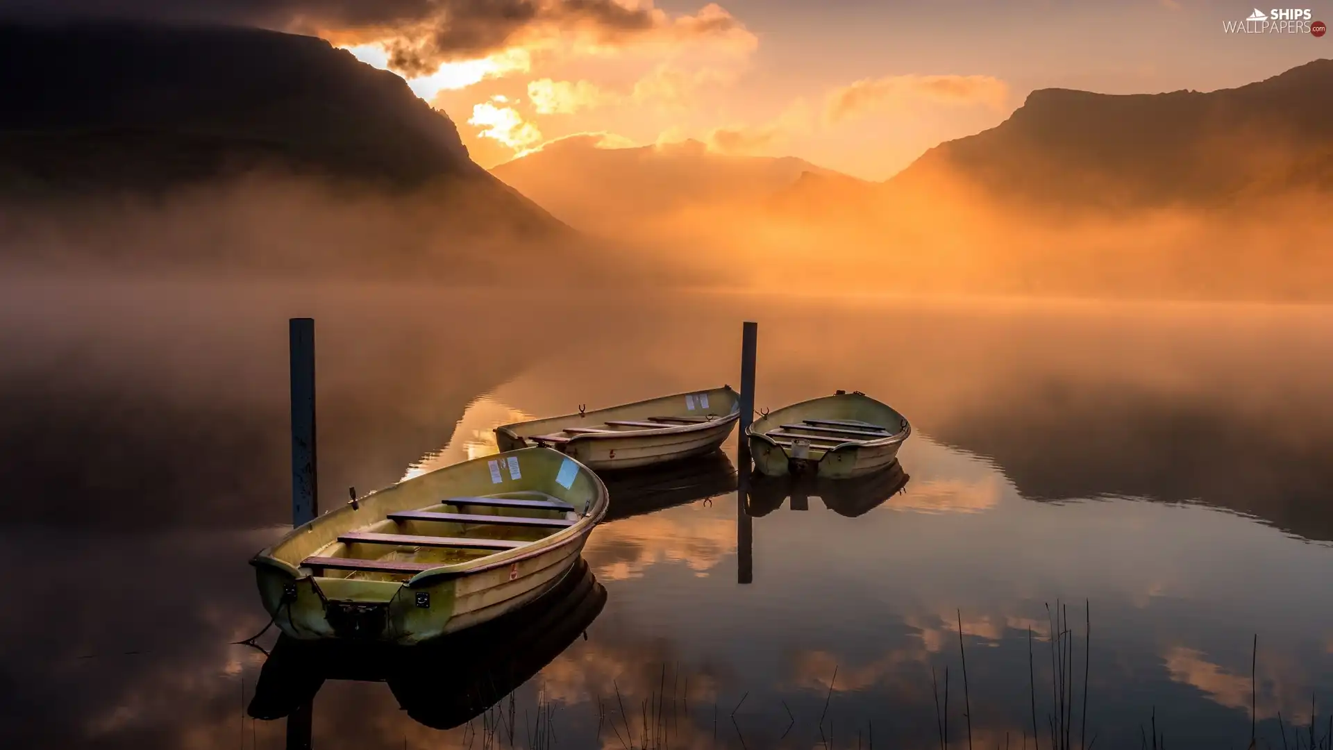 Three, Mountains, Fog, Sunrise, boats, lake