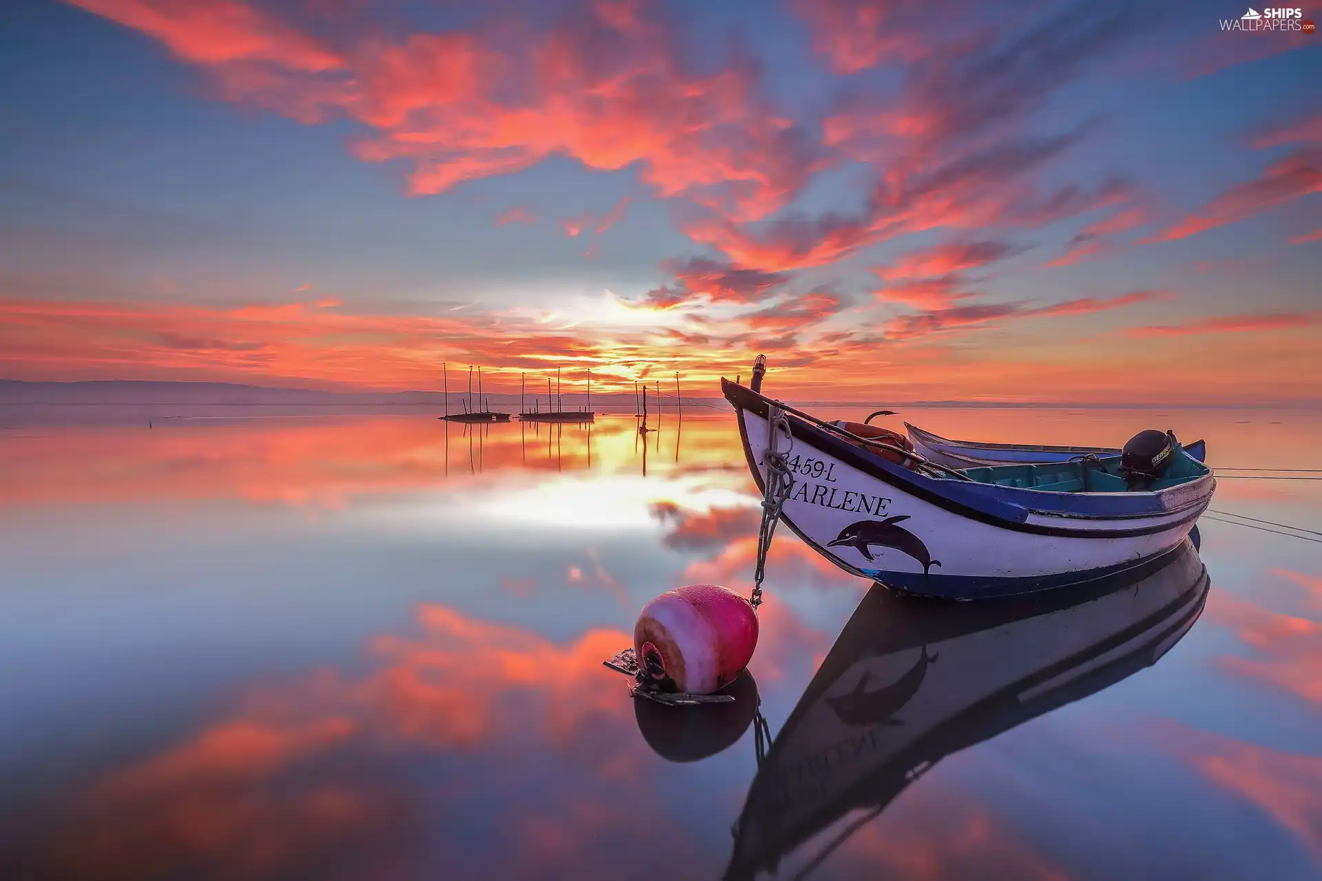 Sky, Boat, reflection, Sunrise, clouds, lake