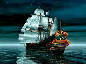 sailing vessel, Night, graphics, sea