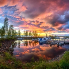 Harbour, motorboat, lake, Way, viewes, clouds, Great Sunsets, trees