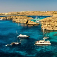 sea, rocks, Malta, Yachts