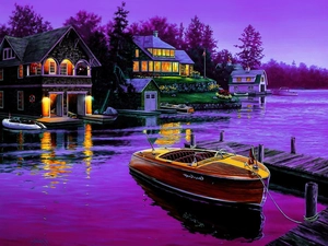 lake, Houses, picture, Motor boat