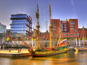 Ship, buildings, port, Sailing