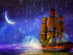 fantasy, star, sailing vessel, Night