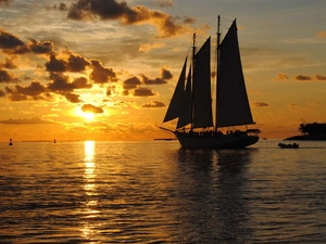sea, sailing vessel, sun, clouds, west