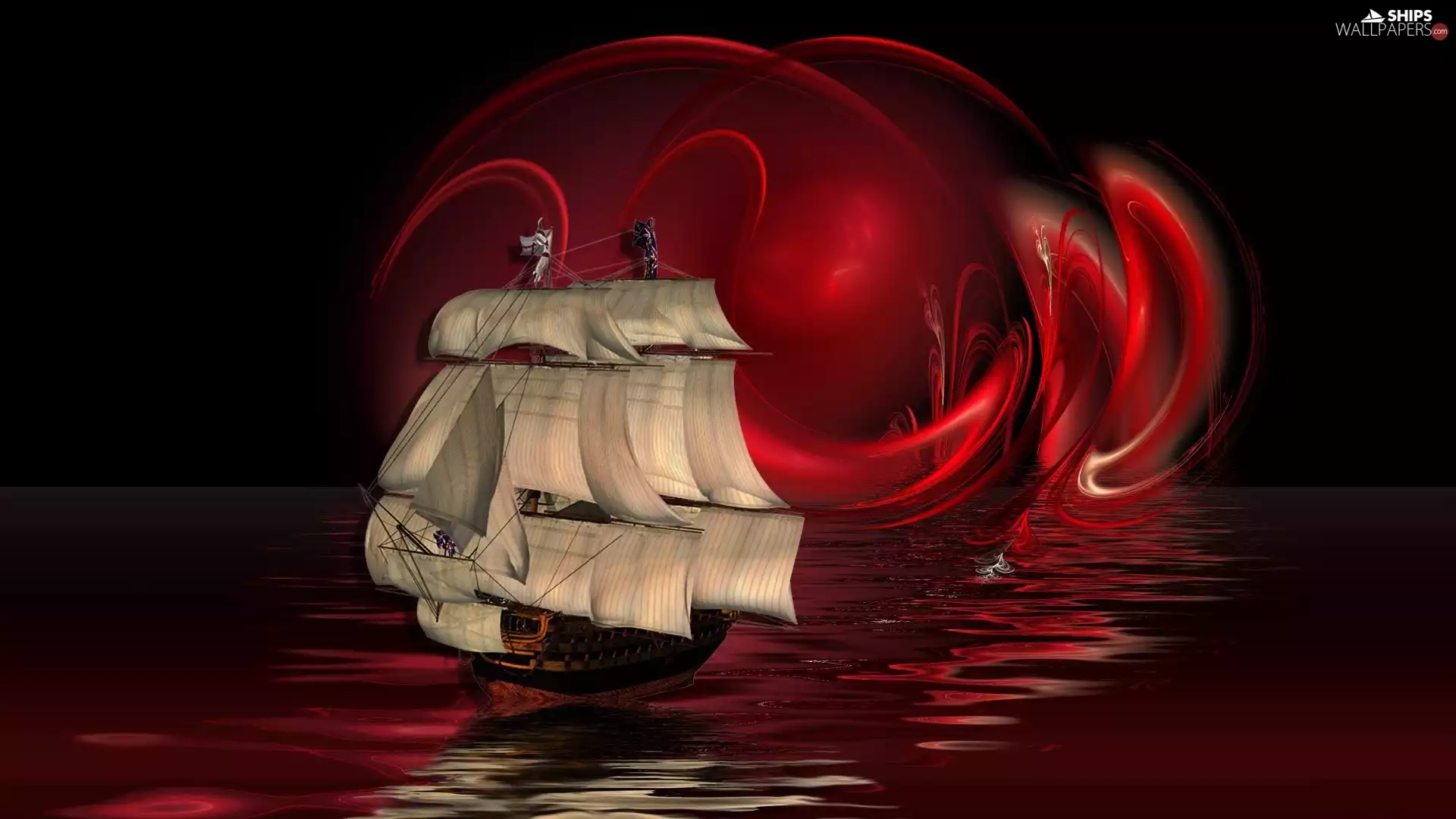 Red, sailing vessel, 3D Graphics, sea