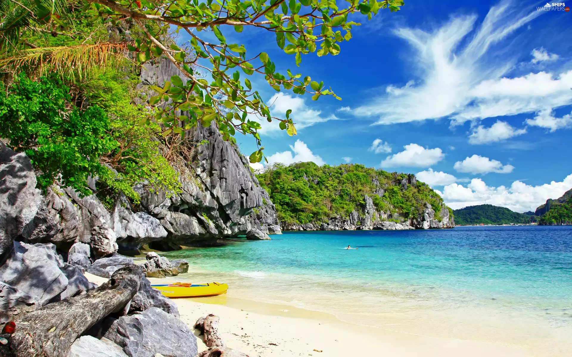 Beaches, Coast, Boat, a man, Mountains, rocks