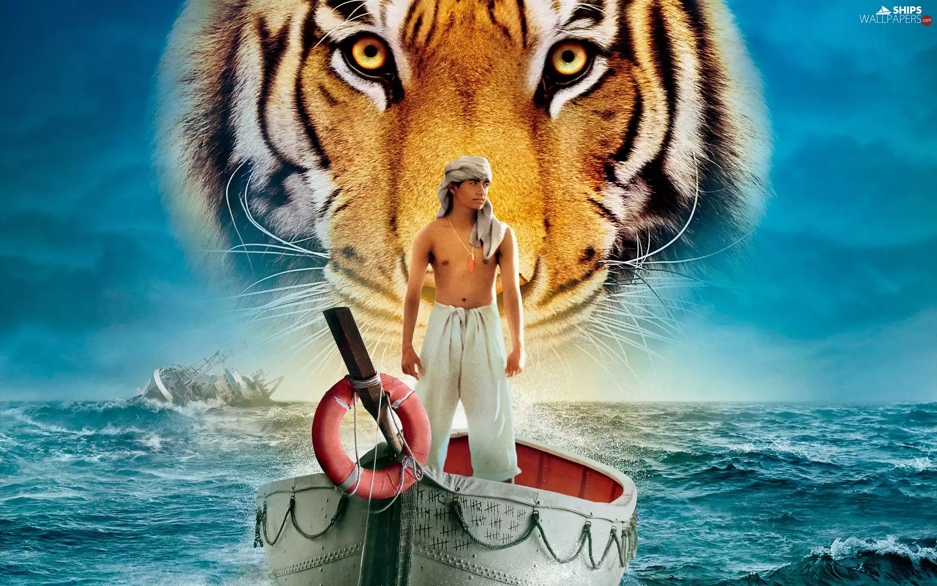 tiger, a man, Boat, sea