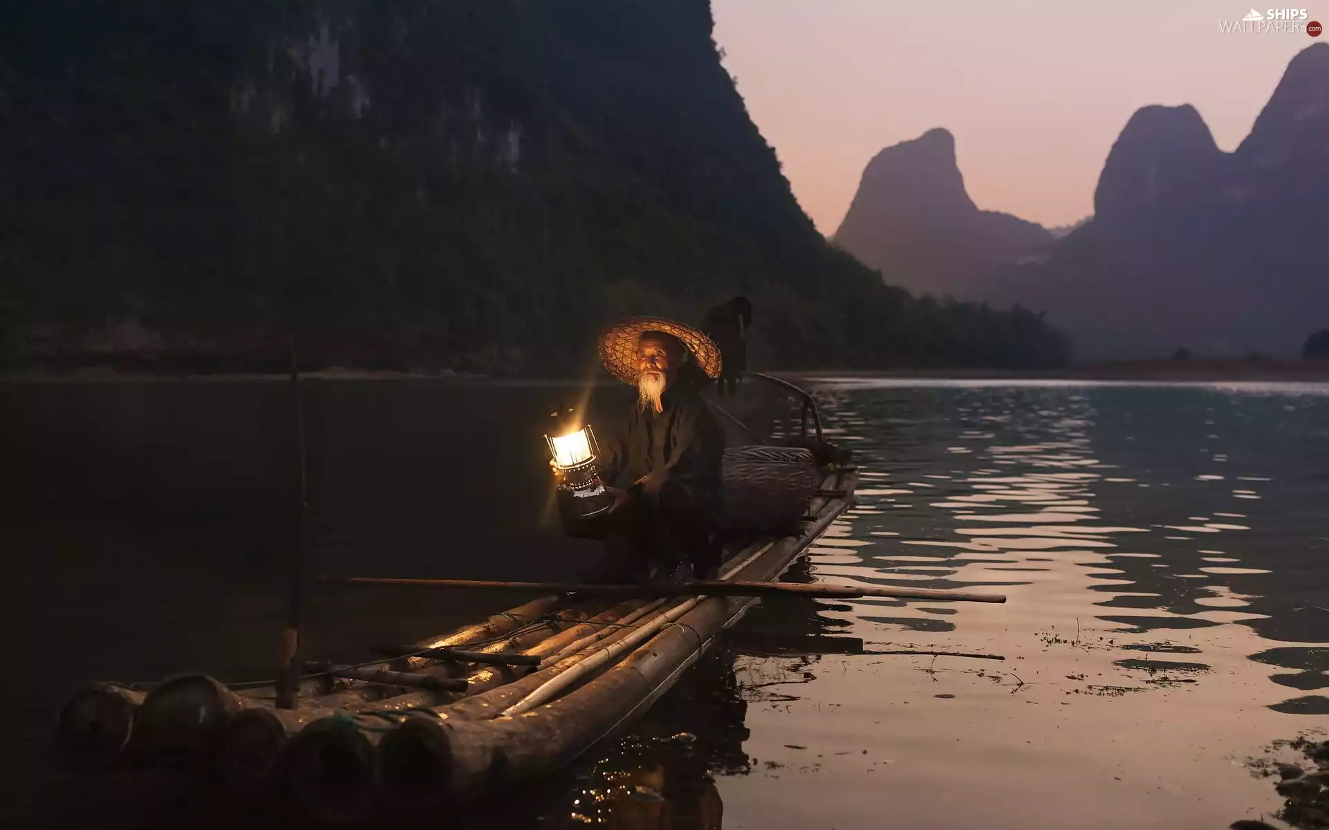 Boat, Lamp, lake, a man, Mountains