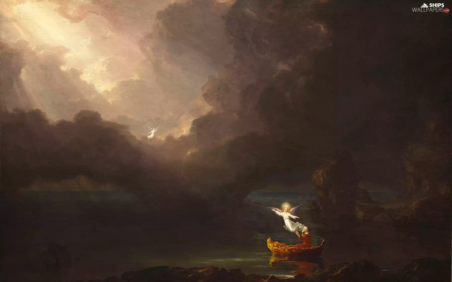 clouds, picture, old man, Sky, painting, Boat, angels
