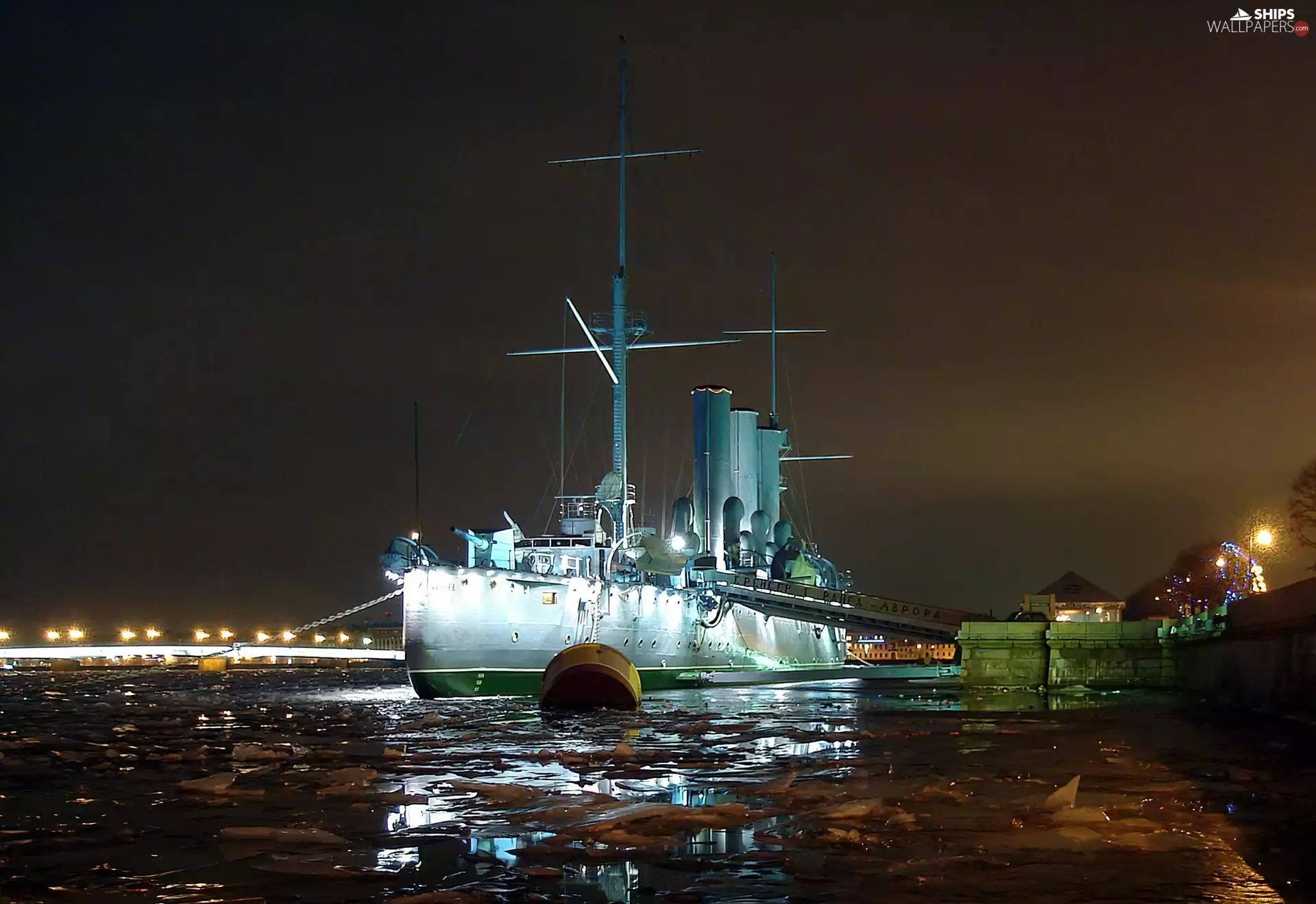ship, Night, light, Aurora