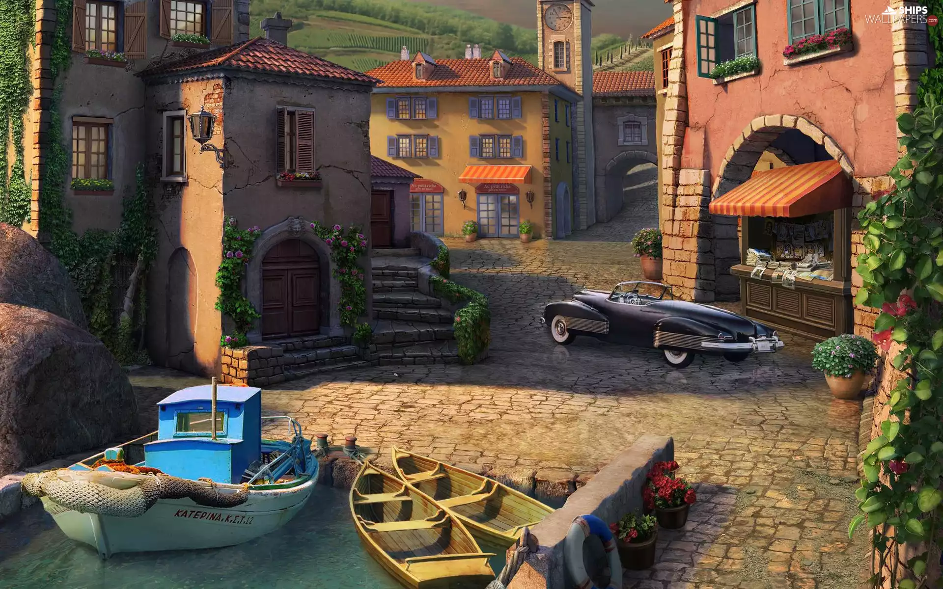 Houses, Flowers, graphics, boats, booth, Street, Town, Automobile