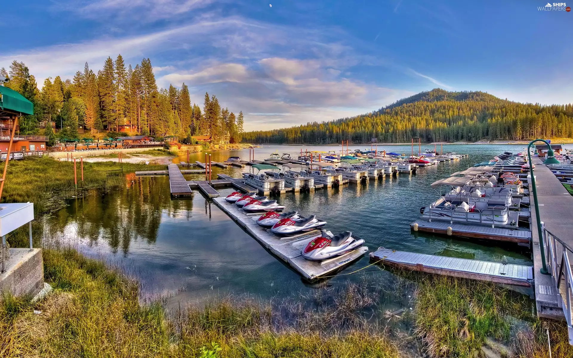 Boats, lake, woods, autumn, motorboat, Harbour