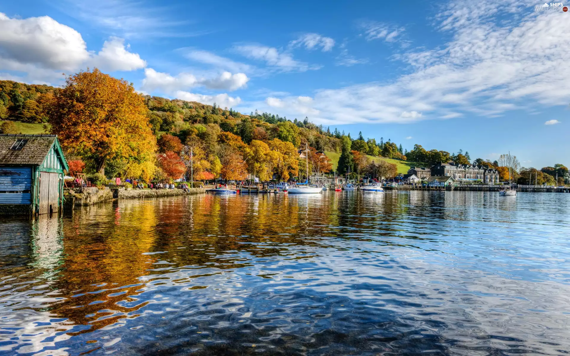 Boats, autumn, Hill, Houses, lake