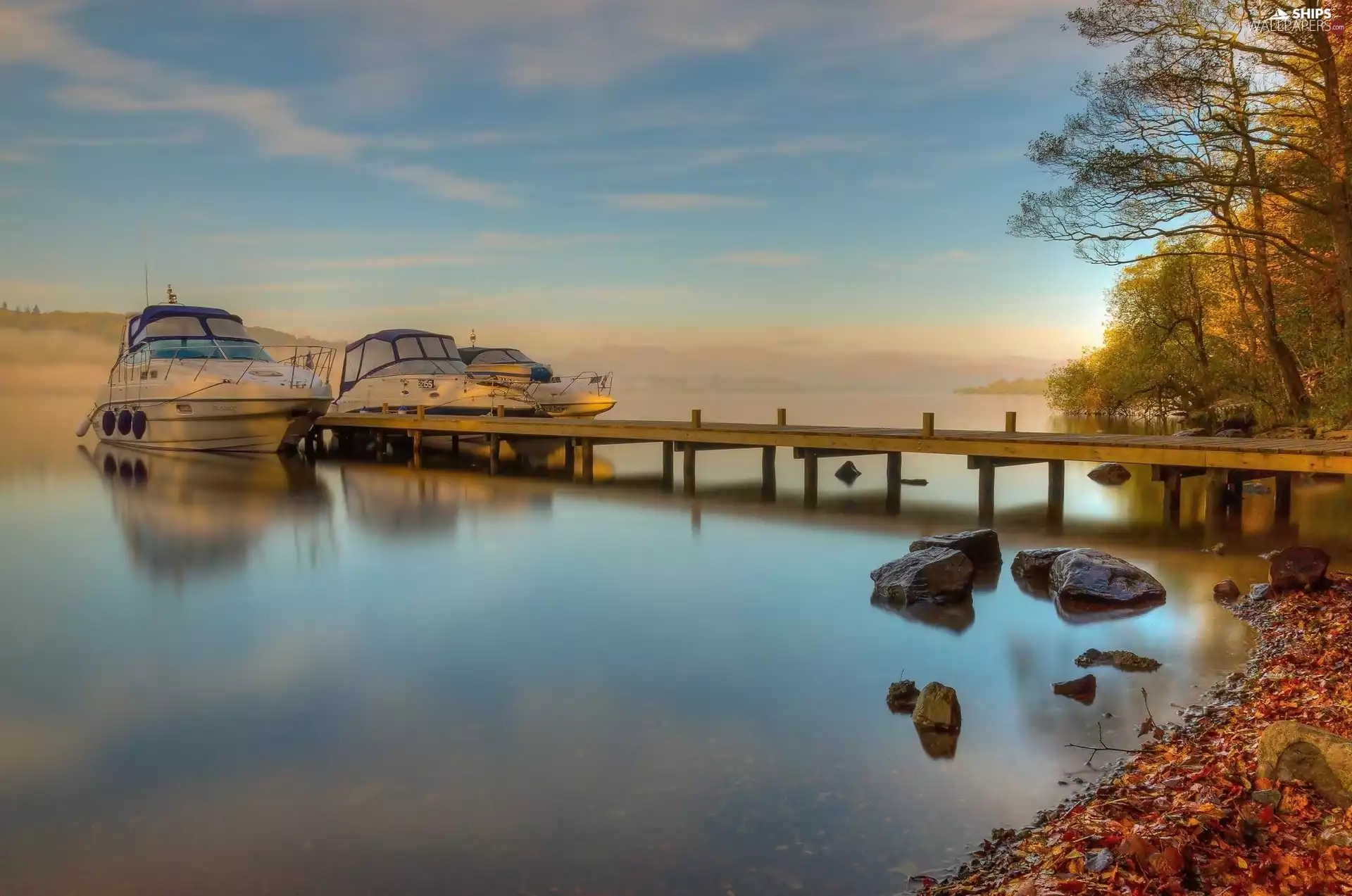 lake, Yachts, coast, autumn, woody, pier