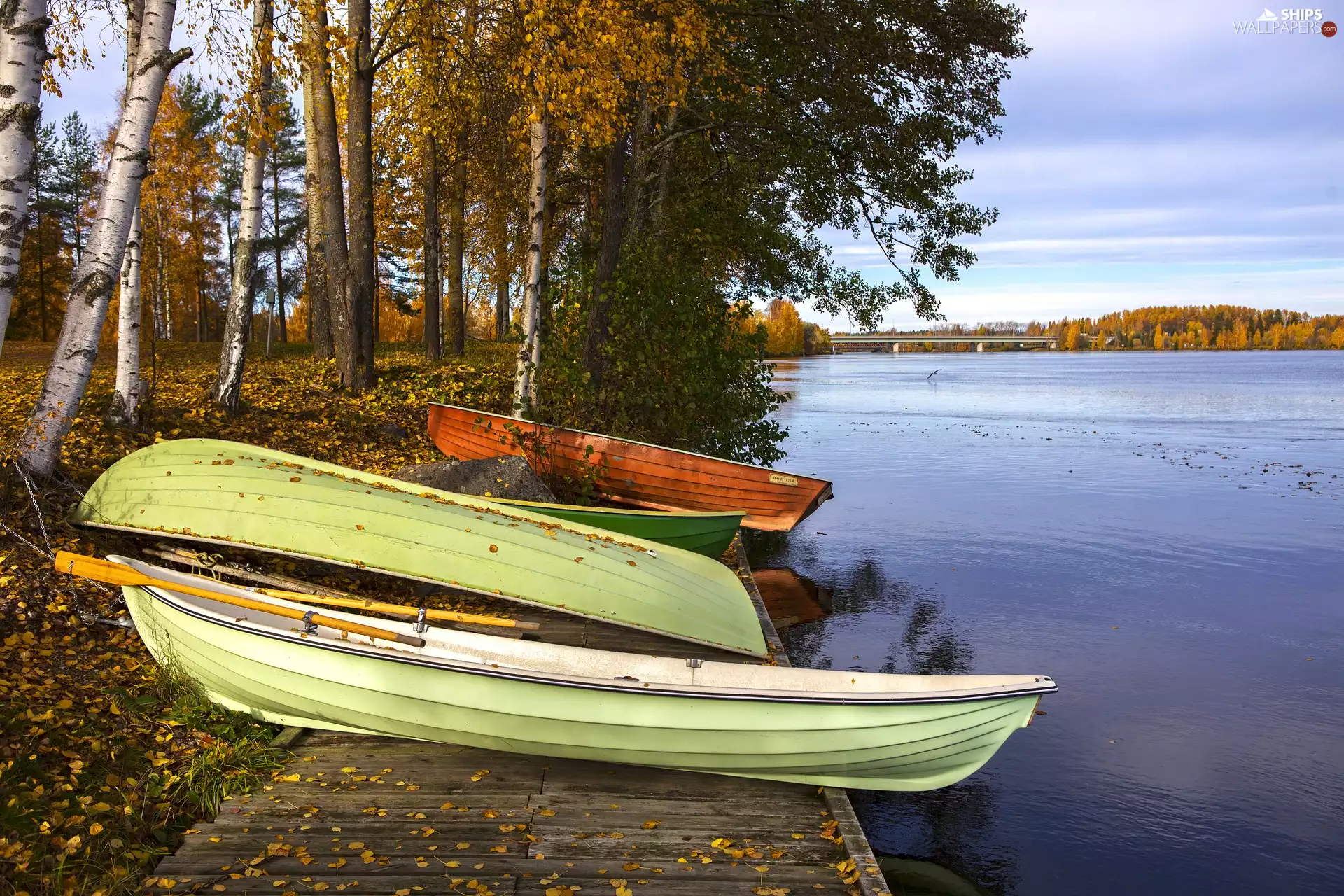 trees, boats, lake, autumn, viewes, Platform