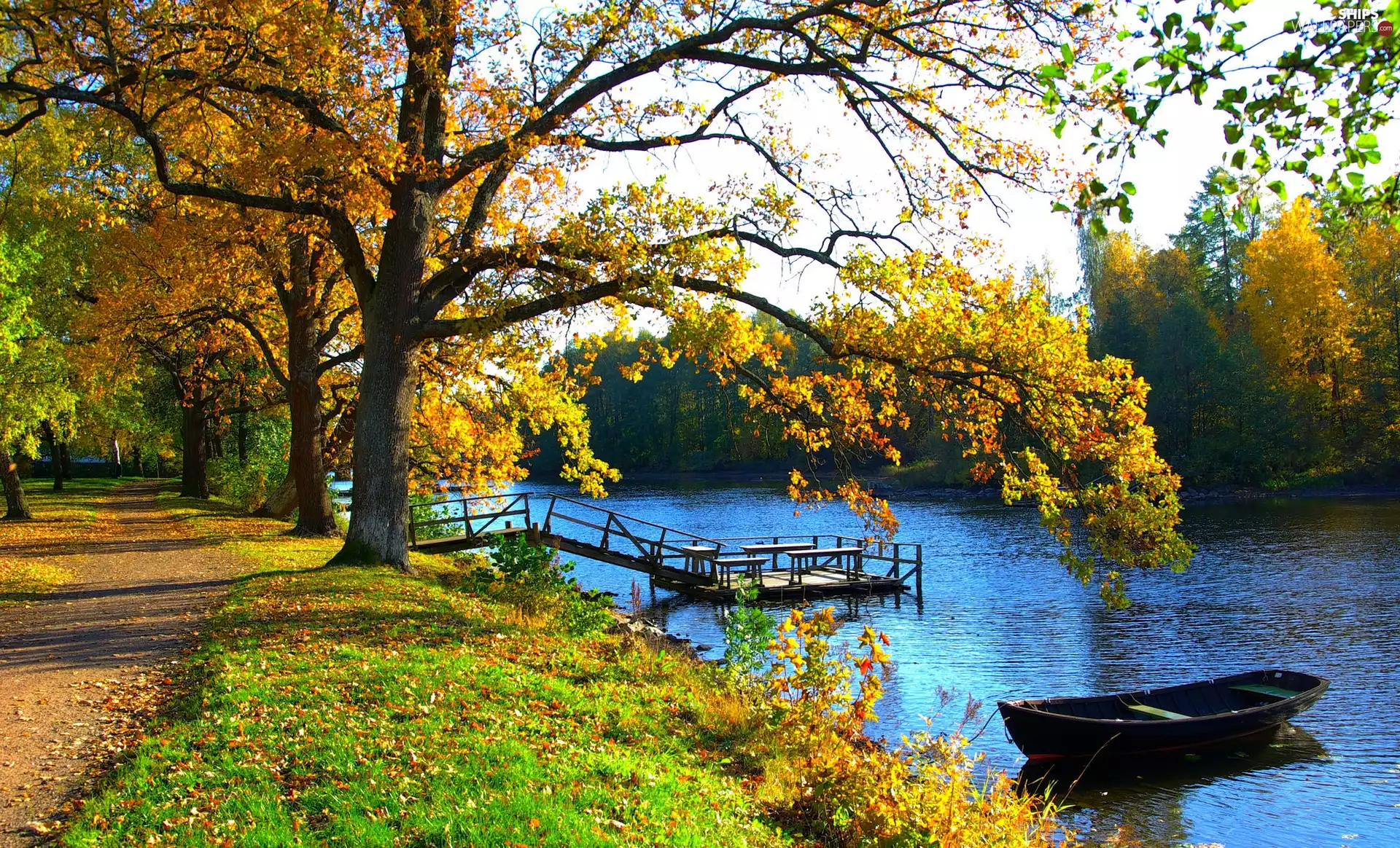 Park, autumn, River, Platform, Boat