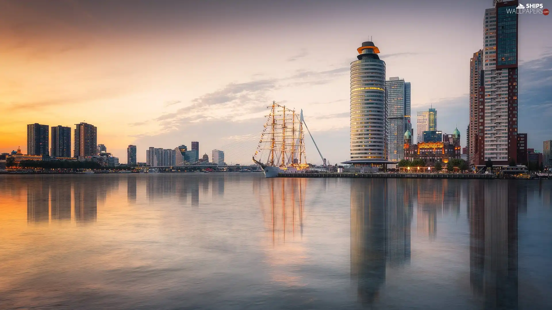 BAP Unión Sailing Ship, Netherlands, skyscrapers, River Moza, Houses, rotterdam