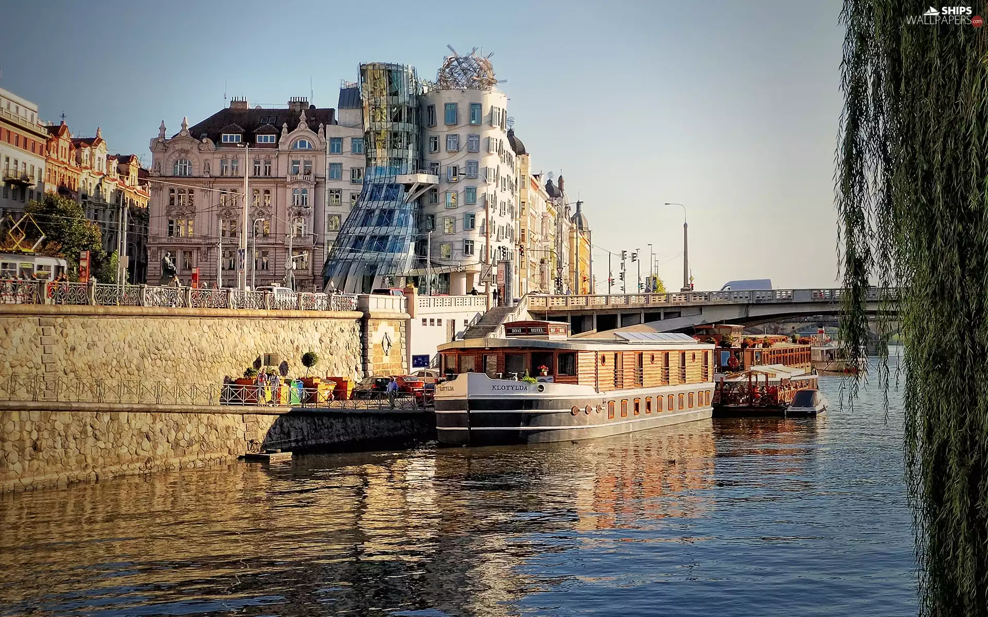 Prague, curves, bridge, Barges, River, Houses