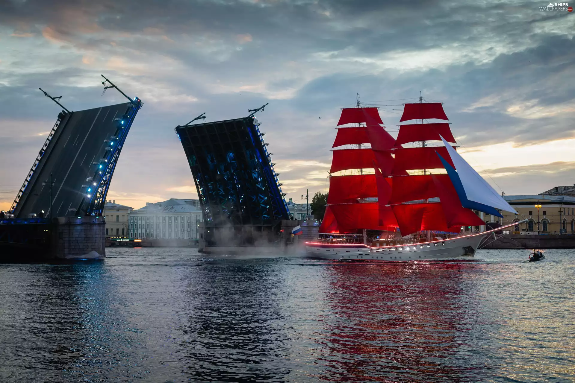 bascule bridge, Russia, sailing vessel, Houses, Neva River, St. Petersburg