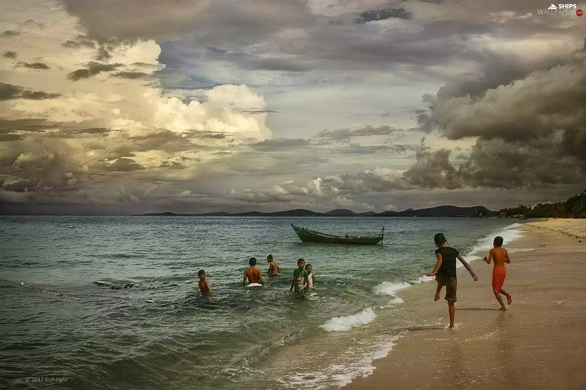 clouds, Beaches, sea, bath-tub, Kids