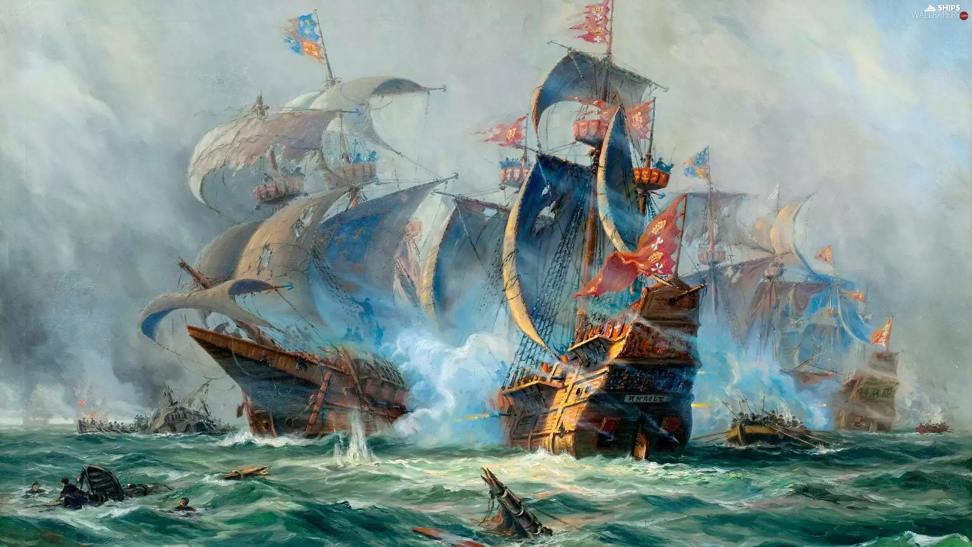 sailboats, picture, sea, Adolf Bock, painting, ships, Battle
