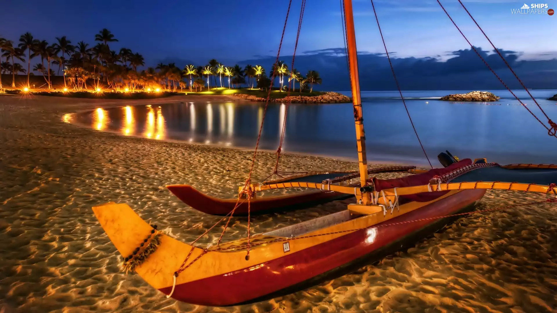 Night, Beaches, sea, Coast, boats
