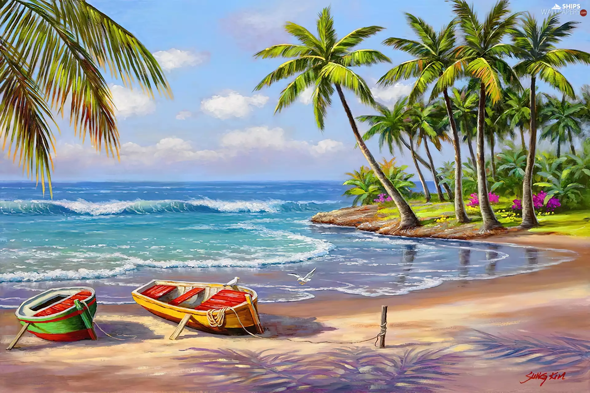 sea, boats, Palms, Beaches