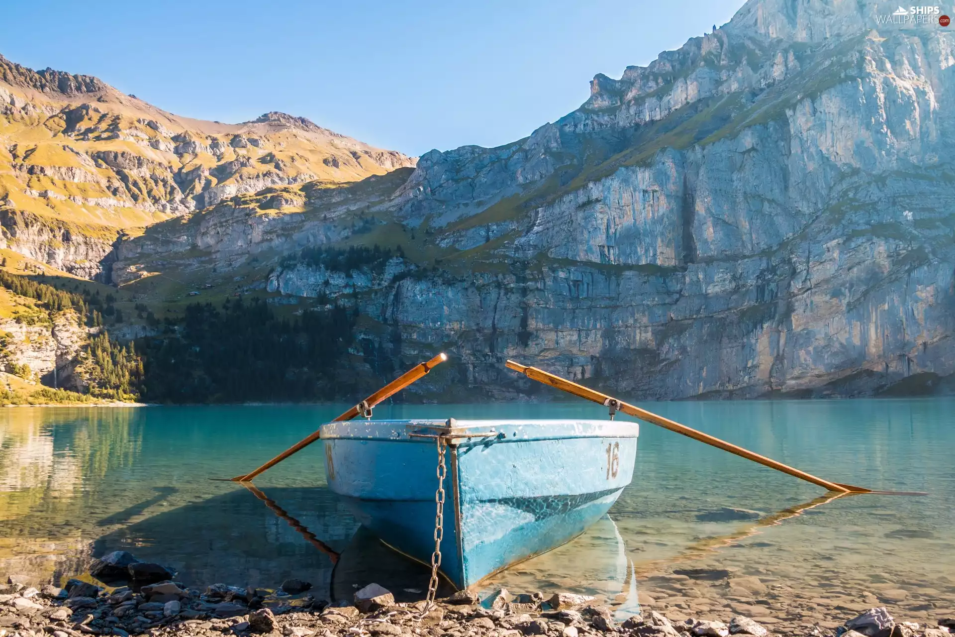 Blue, lake, Mountains, Boat