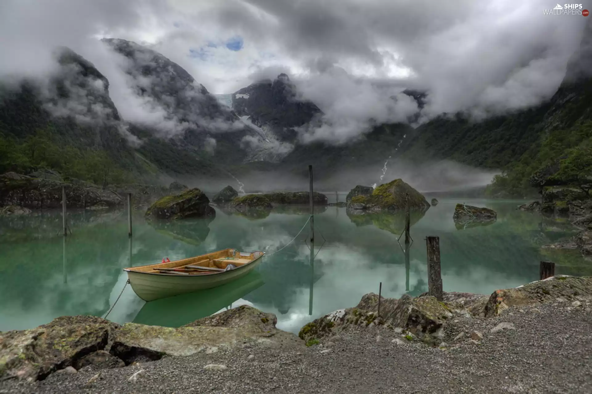 Stones, Boat, Bondhus, Norway, lake