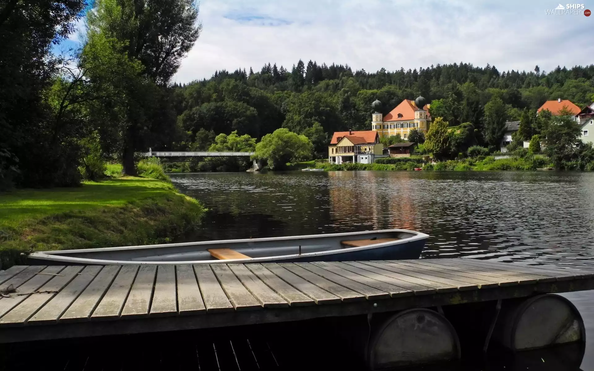 forest, Boat, bridge, Houses, River