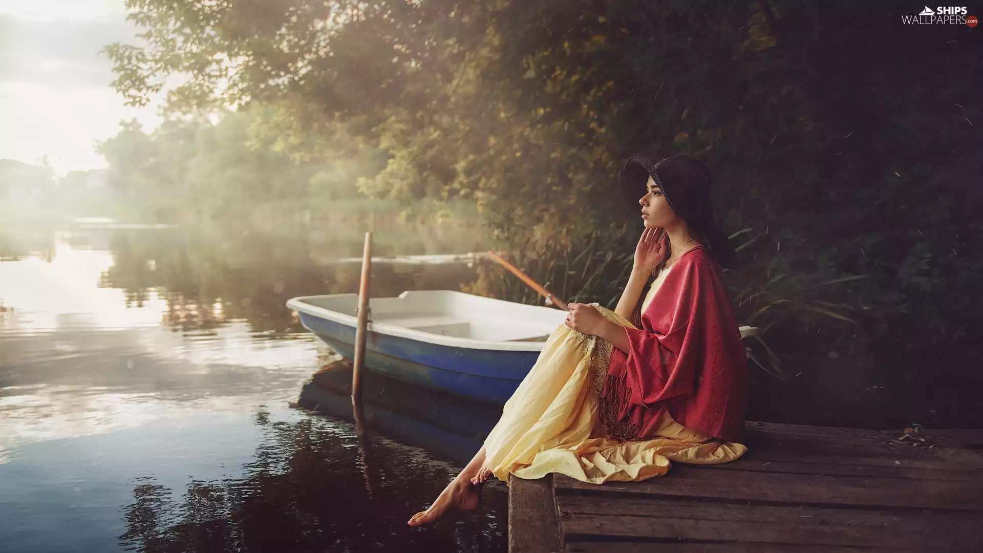Platform, Boat, Hat, lake, Women