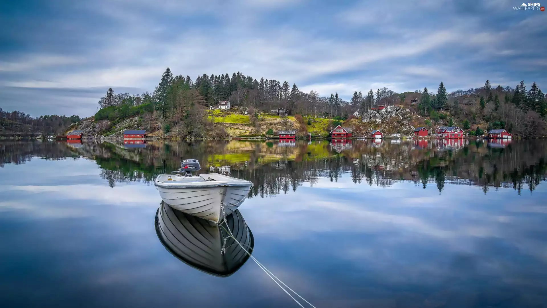 Boat, Eigersund Municipality, rocks, Rogaland, Norway, Houses, Sea Trees