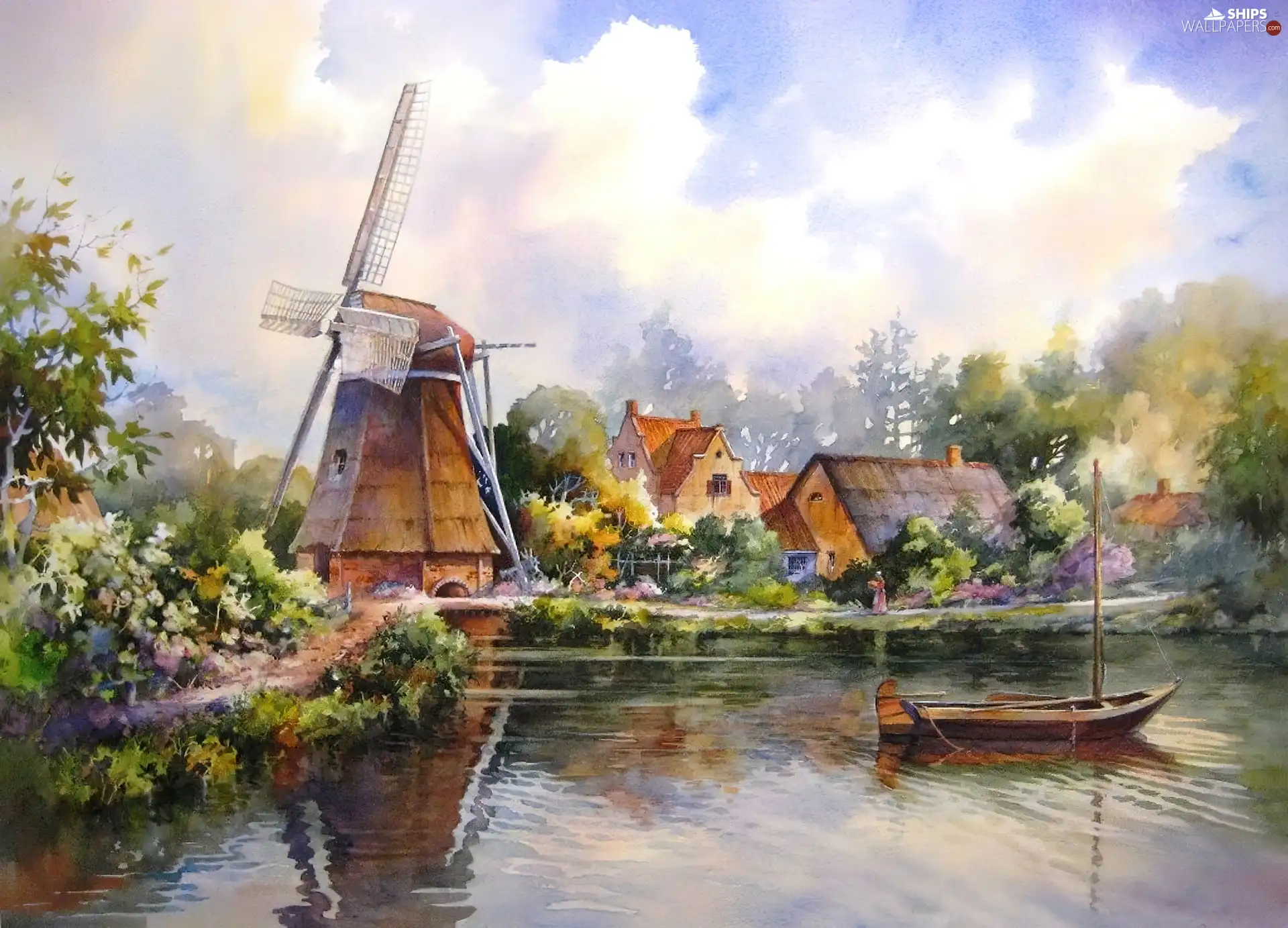 Boat, Houses, Windmill, River, picture