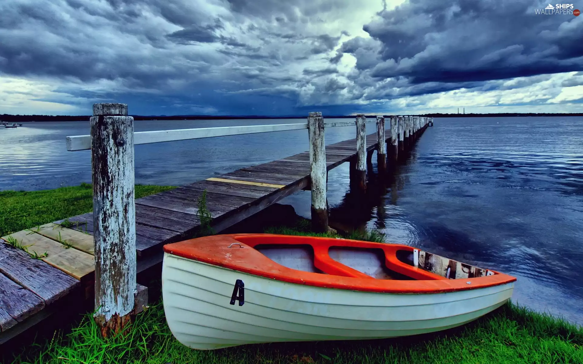 lake, pier, clouds, Boat