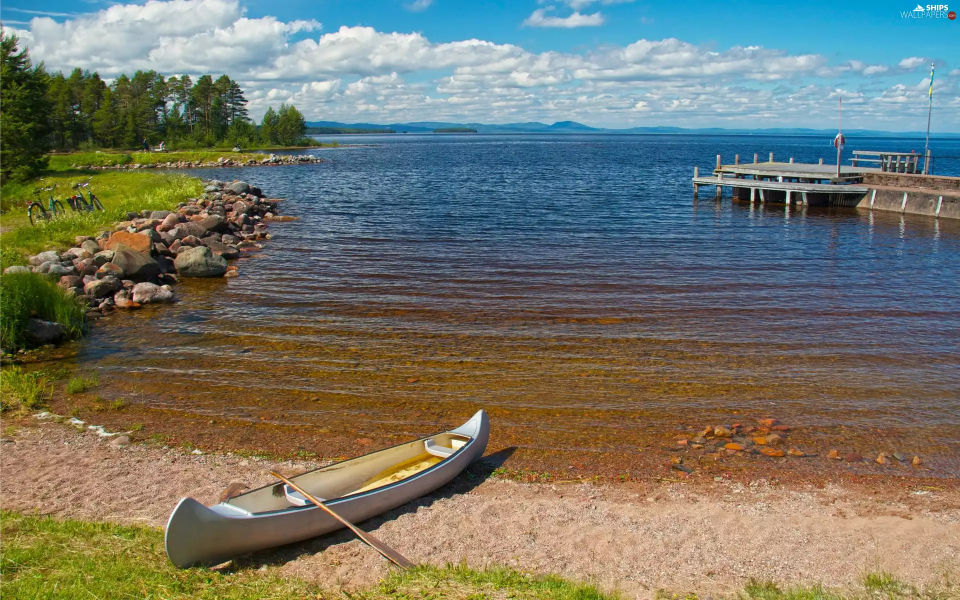 lake, Platform, forest, Boat