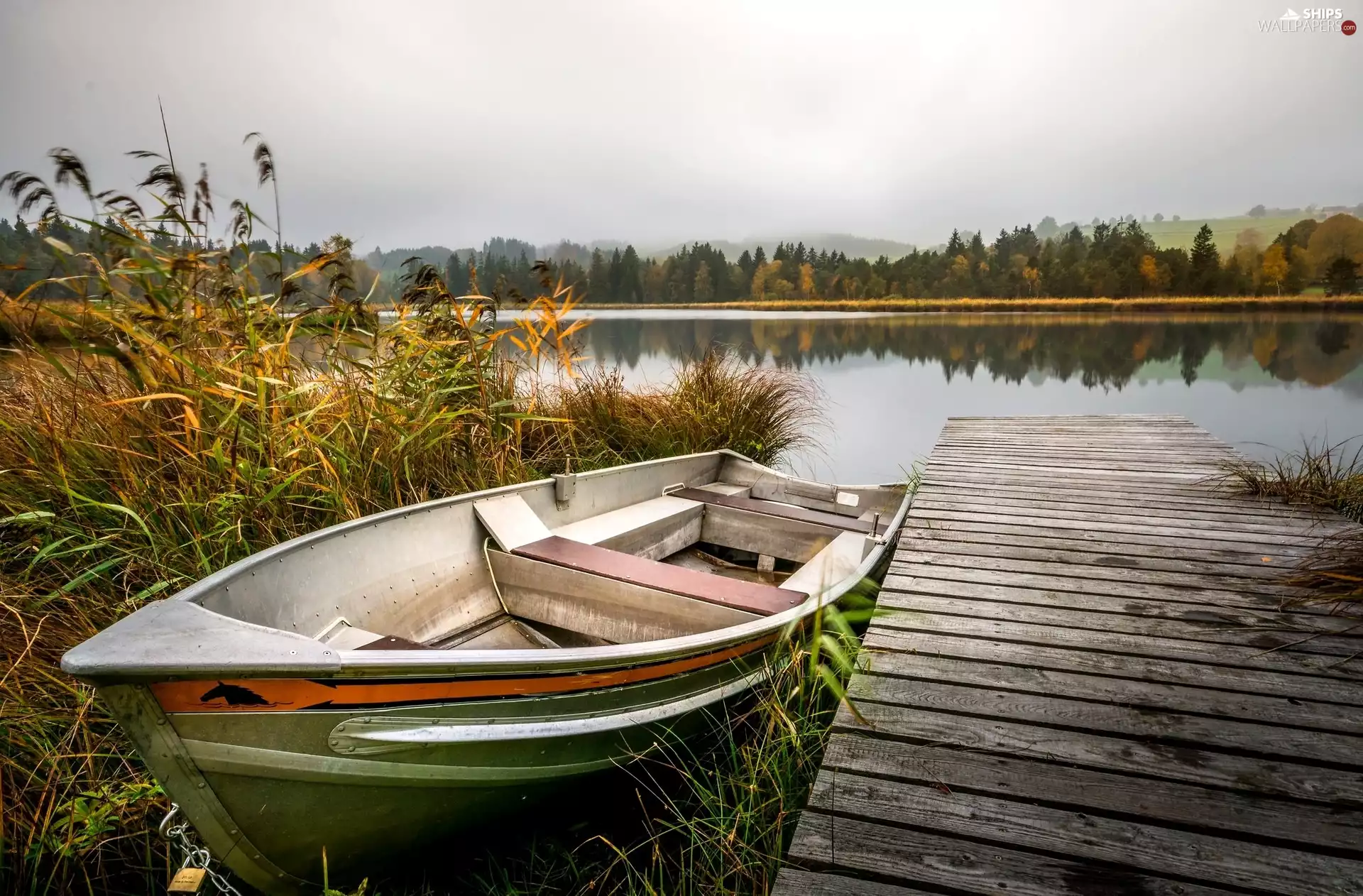 lake, Platform, grass, Boat
