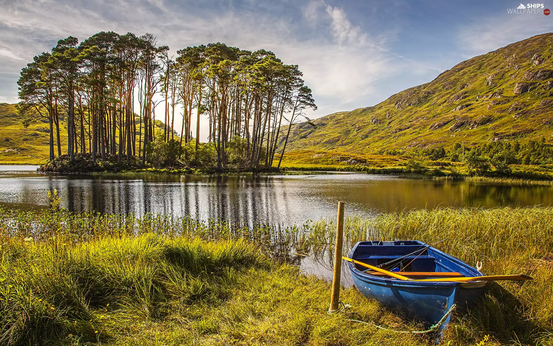 viewes, The Hills, Boat, trees, lake