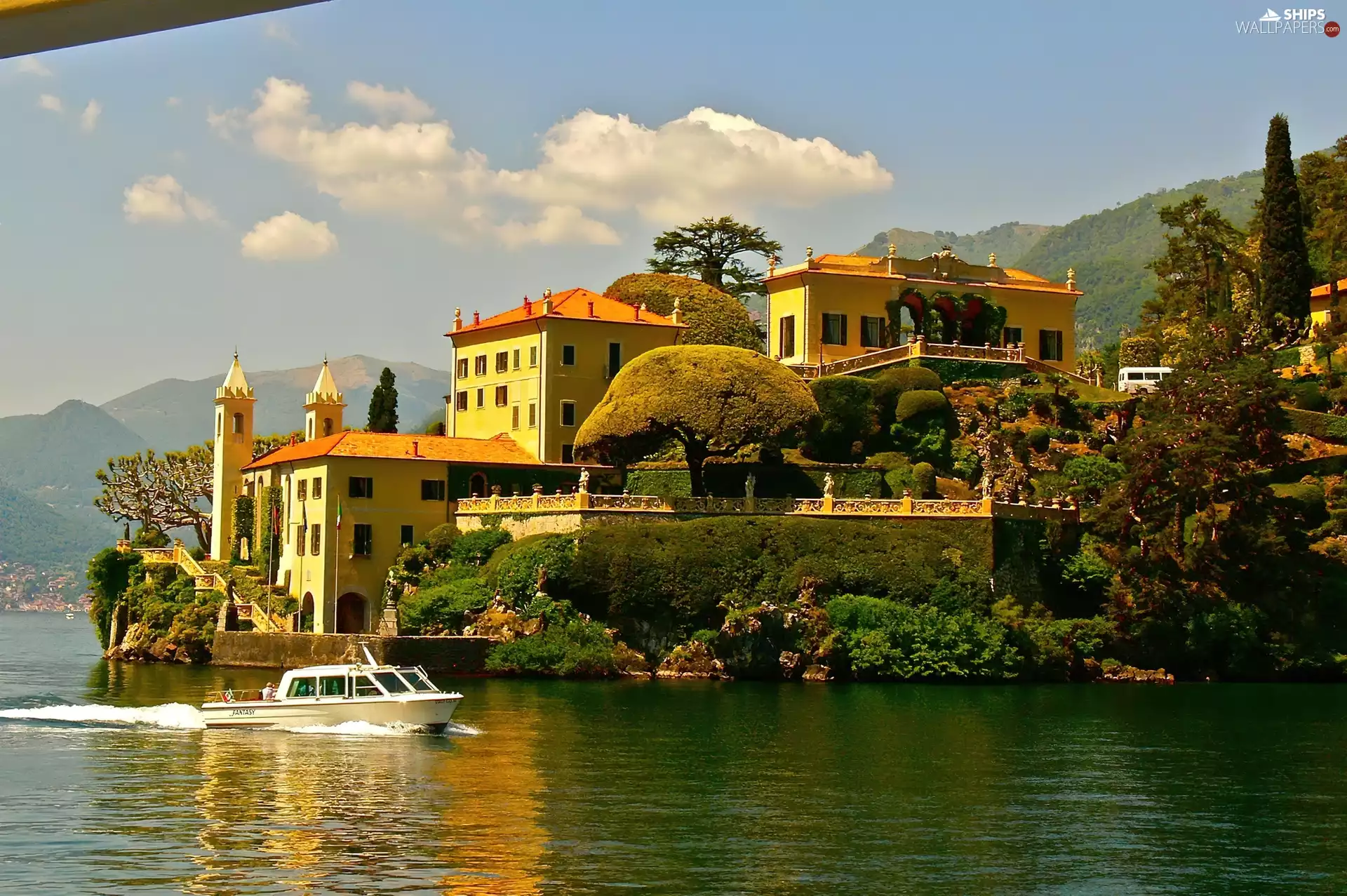 lake, villa, Motor boat