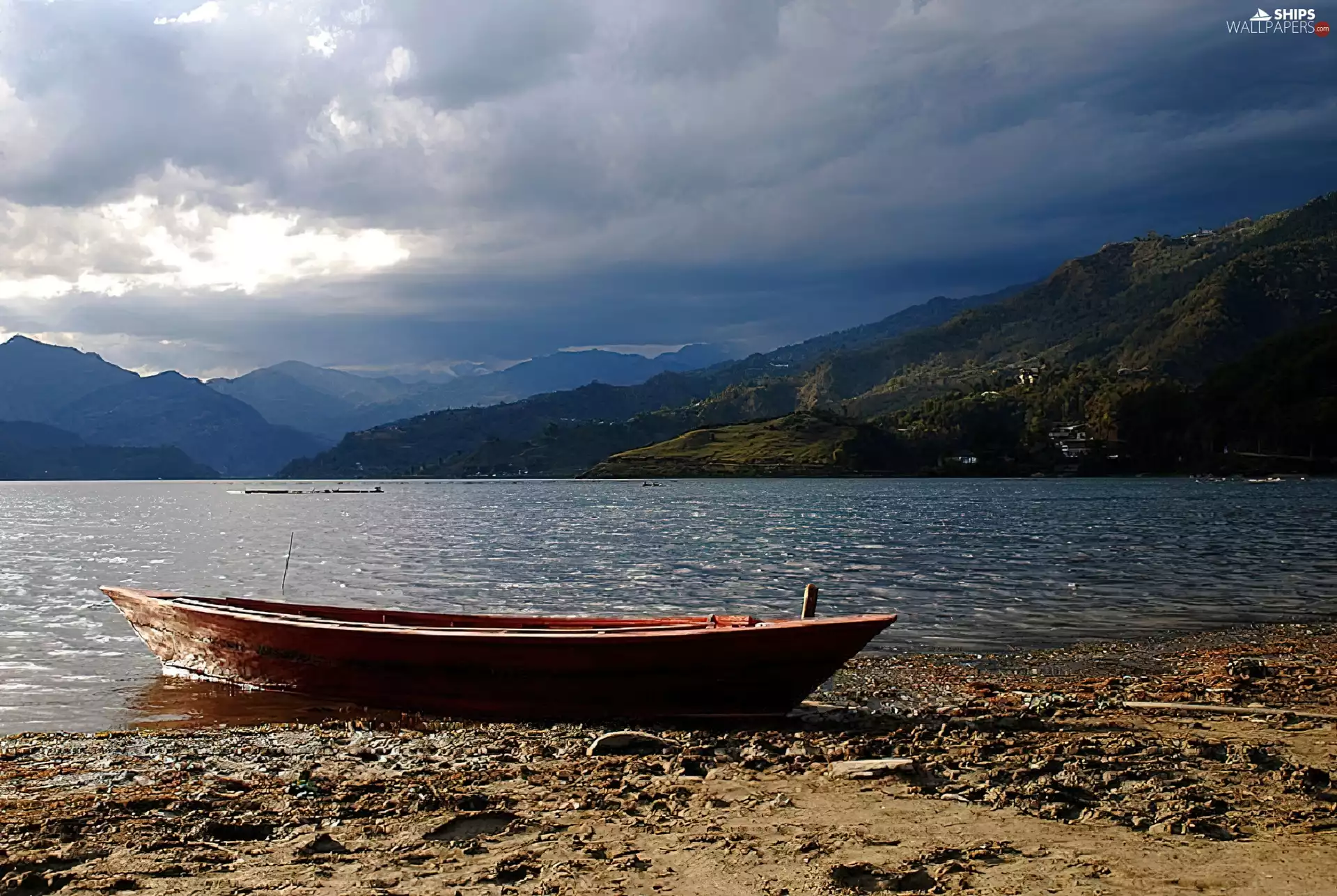 Boat, Mountains, lake